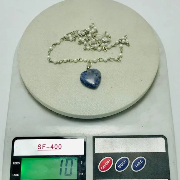 Beaded Chain Necklace With Blue Rhodonite Stone Heart Shape Pendant, Handmade - Picture 14 of 14